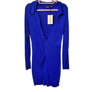 NWT Missguided Womens V-Neck Tall Knot Front Collared Mini Dress Blue 10 Y2K